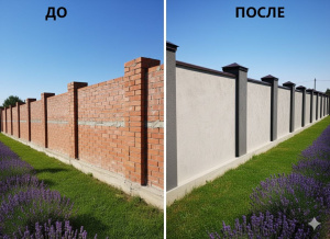 Отделка кирпичного забора декоративной штукатуркой